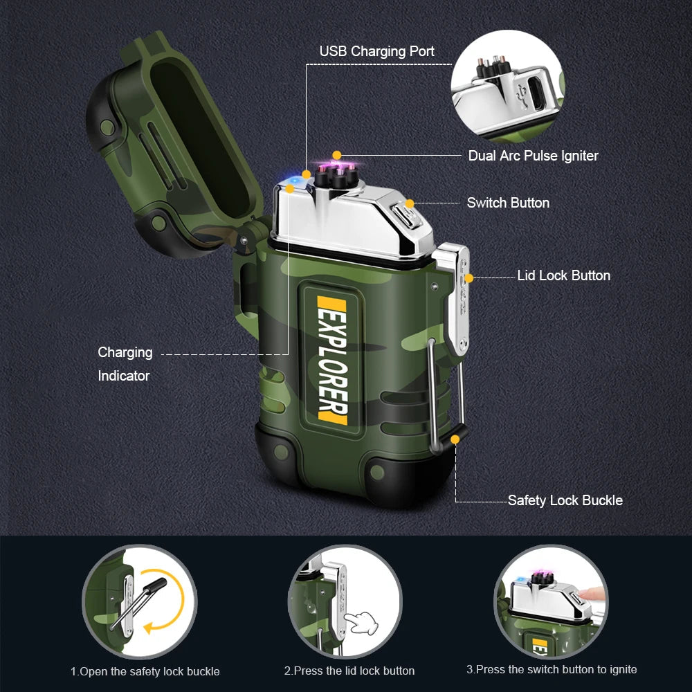 Waterproof USB Charging Electric Lighter Dual Arc Lighter Flameless Plasma Lighter Outdoor Hiking Camping Smoking Accessories - Chic Cart