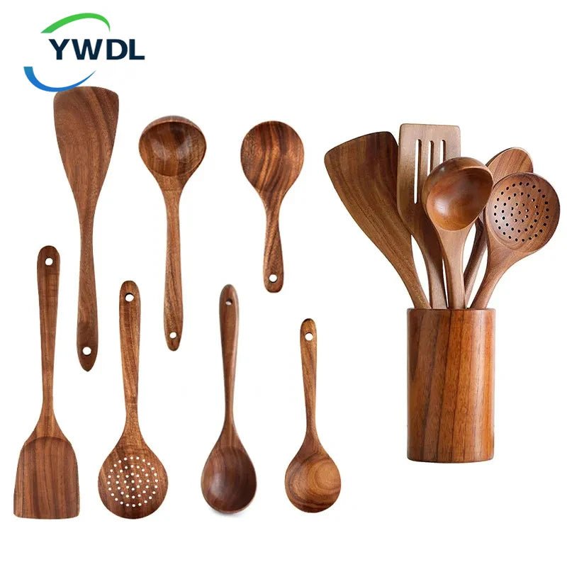 YWDL Natural Teak Cooking Spoon Scoop Kitchen Wooden Spatula Non - stick Utensils Set For Cooking With Hanging Hooks Cookware Tool - Chic Cart