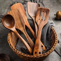 YWDL Natural Teak Cooking Spoon Scoop Kitchen Wooden Spatula Non - stick Utensils Set For Cooking With Hanging Hooks Cookware Tool - Chic Cart