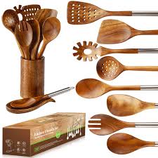 YWDL Natural Teak Cooking Spoon Scoop Kitchen Wooden Spatula Non-stick Utensils Set For Cooking With Hanging Hooks Cookware Tool - Chic Cart 
