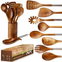 YWDL Natural Teak Cooking Spoon Scoop Kitchen Wooden Spatula Non-stick Utensils Set For Cooking With Hanging Hooks Cookware Tool - Chic Cart 