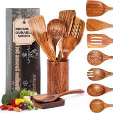 YWDL Natural Teak Cooking Spoon Scoop Kitchen Wooden Spatula Non-stick Utensils Set For Cooking With Hanging Hooks Cookware Tool - Chic Cart 
