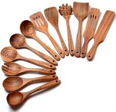 YWDL Natural Teak Cooking Spoon Scoop Kitchen Wooden Spatula Non-stick Utensils Set For Cooking With Hanging Hooks Cookware Tool - Chic Cart 