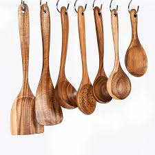 YWDL Natural Teak Cooking Spoon Scoop Kitchen Wooden Spatula Non-stick Utensils Set For Cooking With Hanging Hooks Cookware Tool - Chic Cart 
