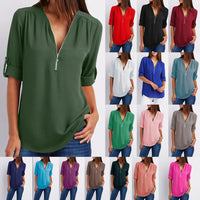 Summer Women Cool Loose Shirt Deep V Neck Chiffon Blouse Casual Ladies Tops Sexy Zipper Pullover Plus Size Long Sleeve Fashion - Chic Cart