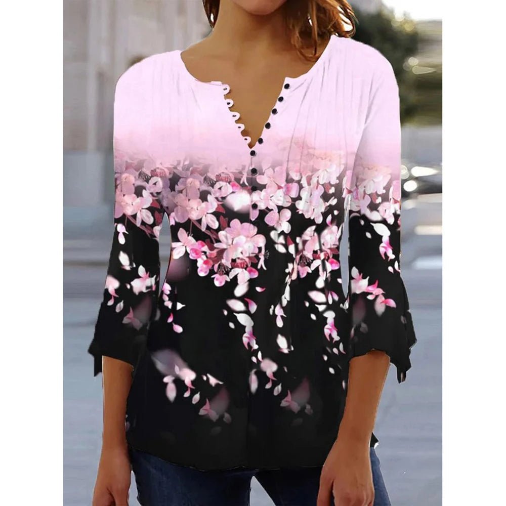 Fashionable Women'S V - Neck Button T-Shirt 3D Printed Top Summer New Fashion Clothing Street Loose Shirt Women'S Casual Clothing - Chic Cart