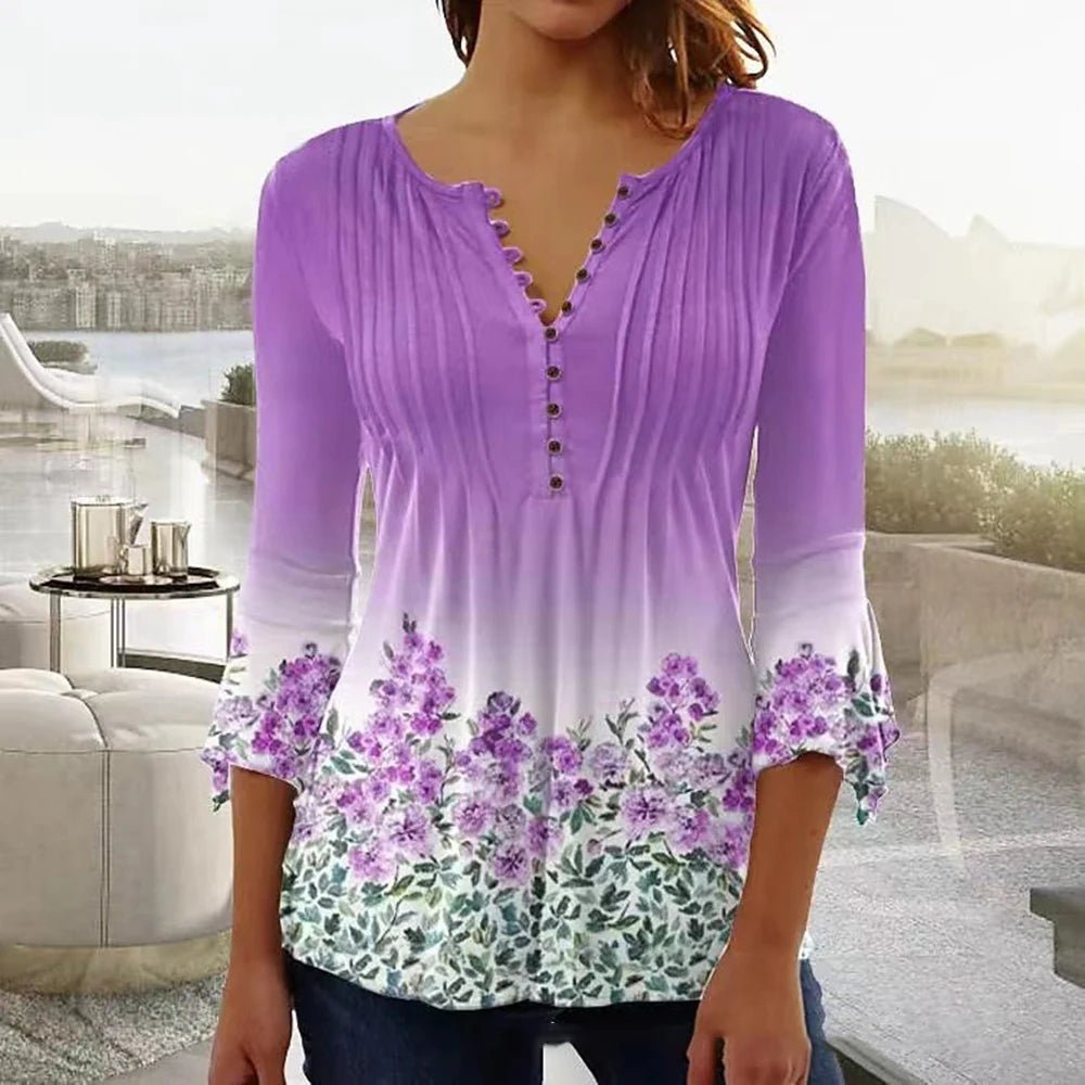 Fashionable Women'S V - Neck Button T-Shirt 3D Printed Top Summer New Fashion Clothing Street Loose Shirt Women'S Casual Clothing - Chic Cart
