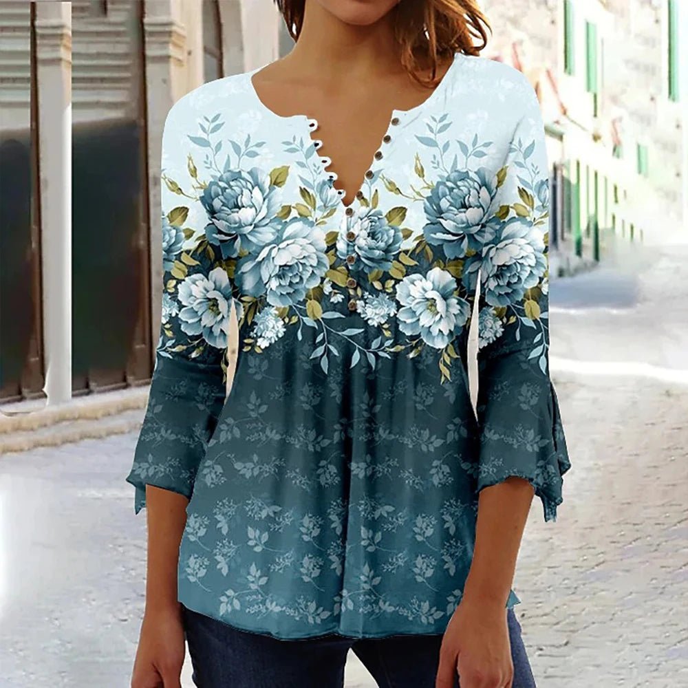 Fashionable Women'S V - Neck Button T-Shirt 3D Printed Top Summer New Fashion Clothing Street Loose Shirt Women'S Casual Clothing - Chic Cart