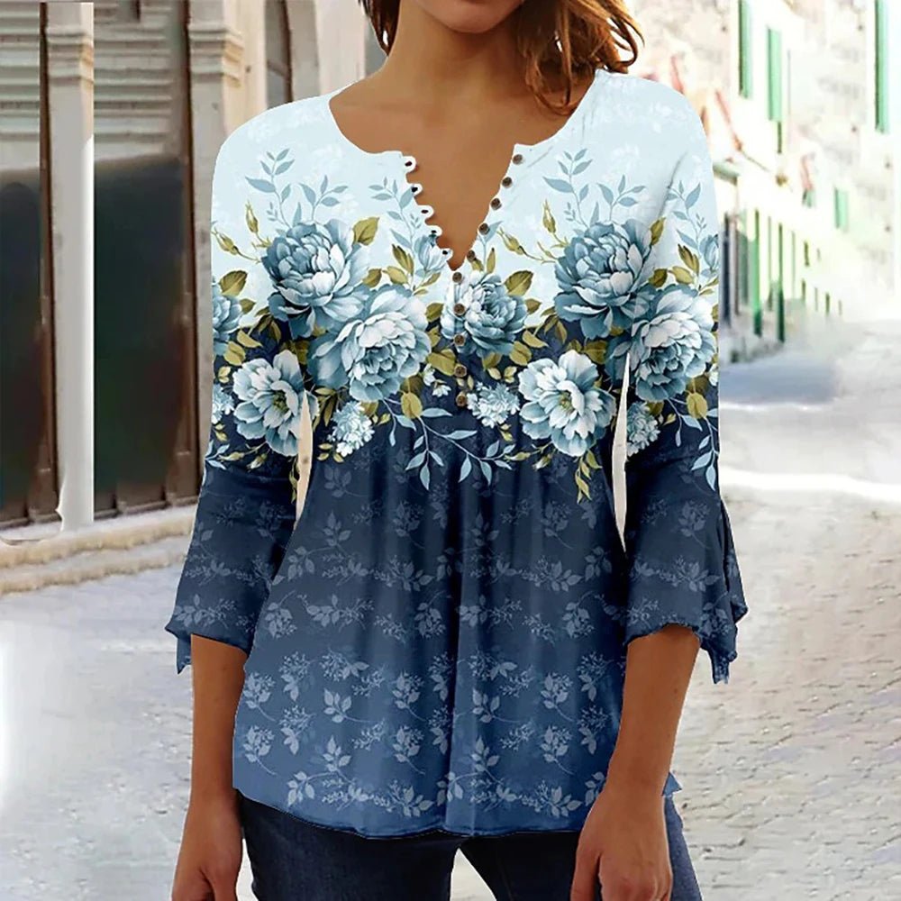 Fashionable Women'S V - Neck Button T-Shirt 3D Printed Top Summer New Fashion Clothing Street Loose Shirt Women'S Casual Clothing - Chic Cart