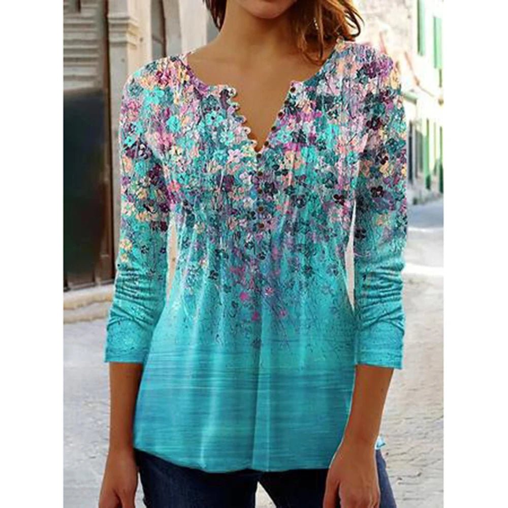 Fashionable Women'S V - Neck Button T-Shirt 3D Printed Top Summer New Fashion Clothing Street Loose Shirt Women'S Casual Clothing - Chic Cart