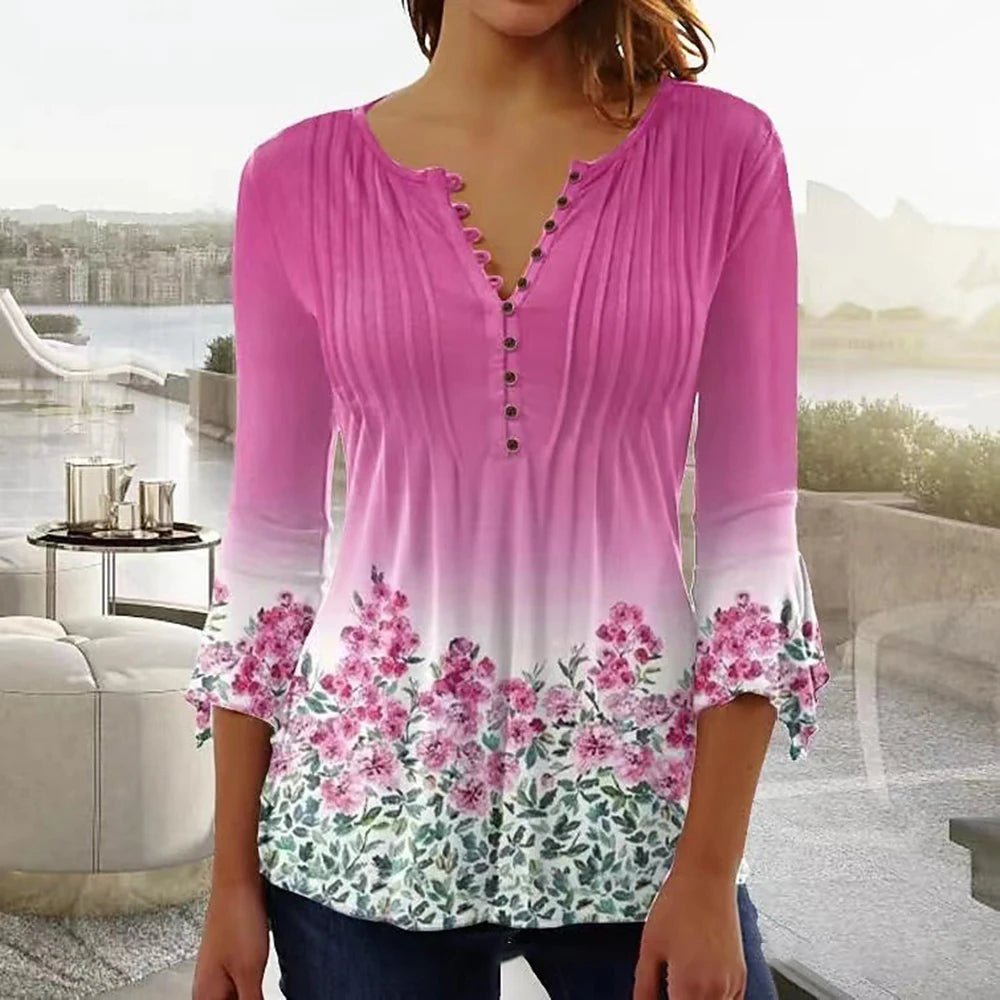 Fashionable Women'S V - Neck Button T-Shirt 3D Printed Top Summer New Fashion Clothing Street Loose Shirt Women'S Casual Clothing - Chic Cart