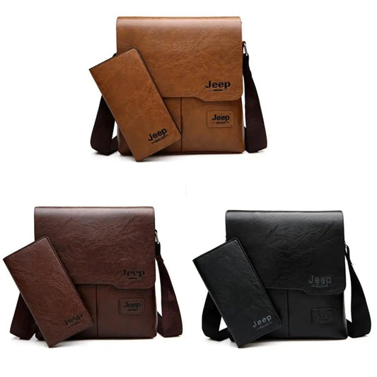 JEEP BULUO Men Bag Famous Brand 2 pcs Set Man Leather Messenger Shouder Bag Business Travelling Bags Male Tote Cross body Bags - Chic Cart