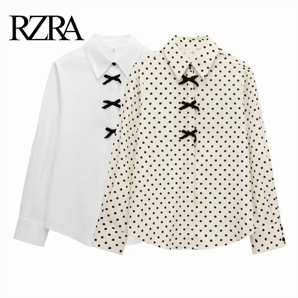 2025 RZRA Spring New Women's Fashion Casual Style Butterfly Knot Decoration Wave Point Long Sleeve Single breasted Shirt - Chic Cart