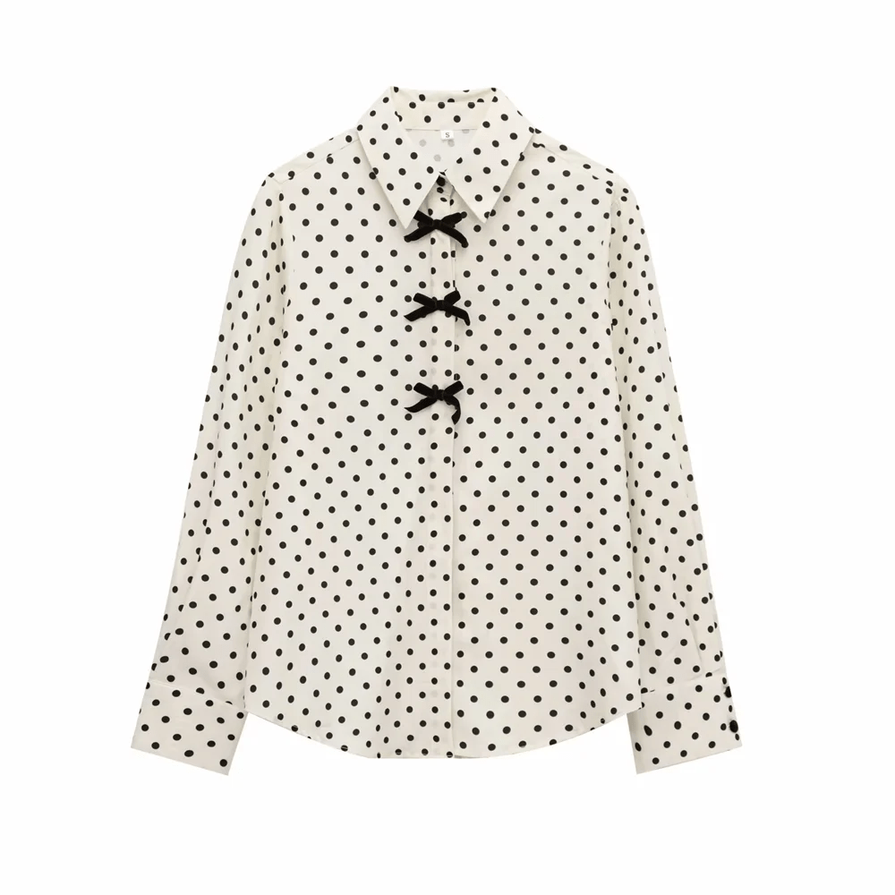 2025 RZRA Spring New Women's Fashion Casual Style Butterfly Knot Decoration Wave Point Long Sleeve Single breasted Shirt - Chic Cart