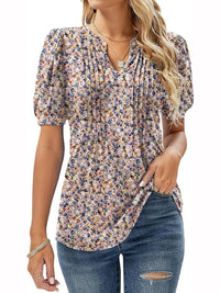 Womens Tunic Tops V Neck Shirts Short Sleeve Summer Puff Pleated Casual Blouses Puff Pleated Work Blouse Fashion Tops - Chic Cart