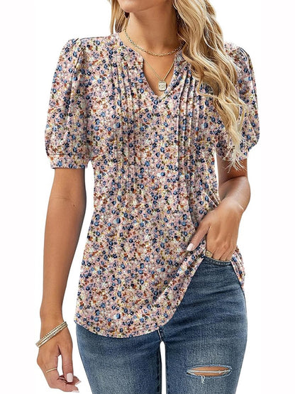Womens Tunic Tops V Neck Shirts Short Sleeve Summer Puff Pleated Casual Blouses Puff Pleated Work Blouse Fashion Tops - Chic Cart