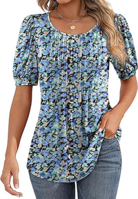 Womens Tunic Tops V Neck Shirts Short Sleeve Summer Puff Pleated Casual Blouses Puff Pleated Work Blouse Fashion Tops - Chic Cart