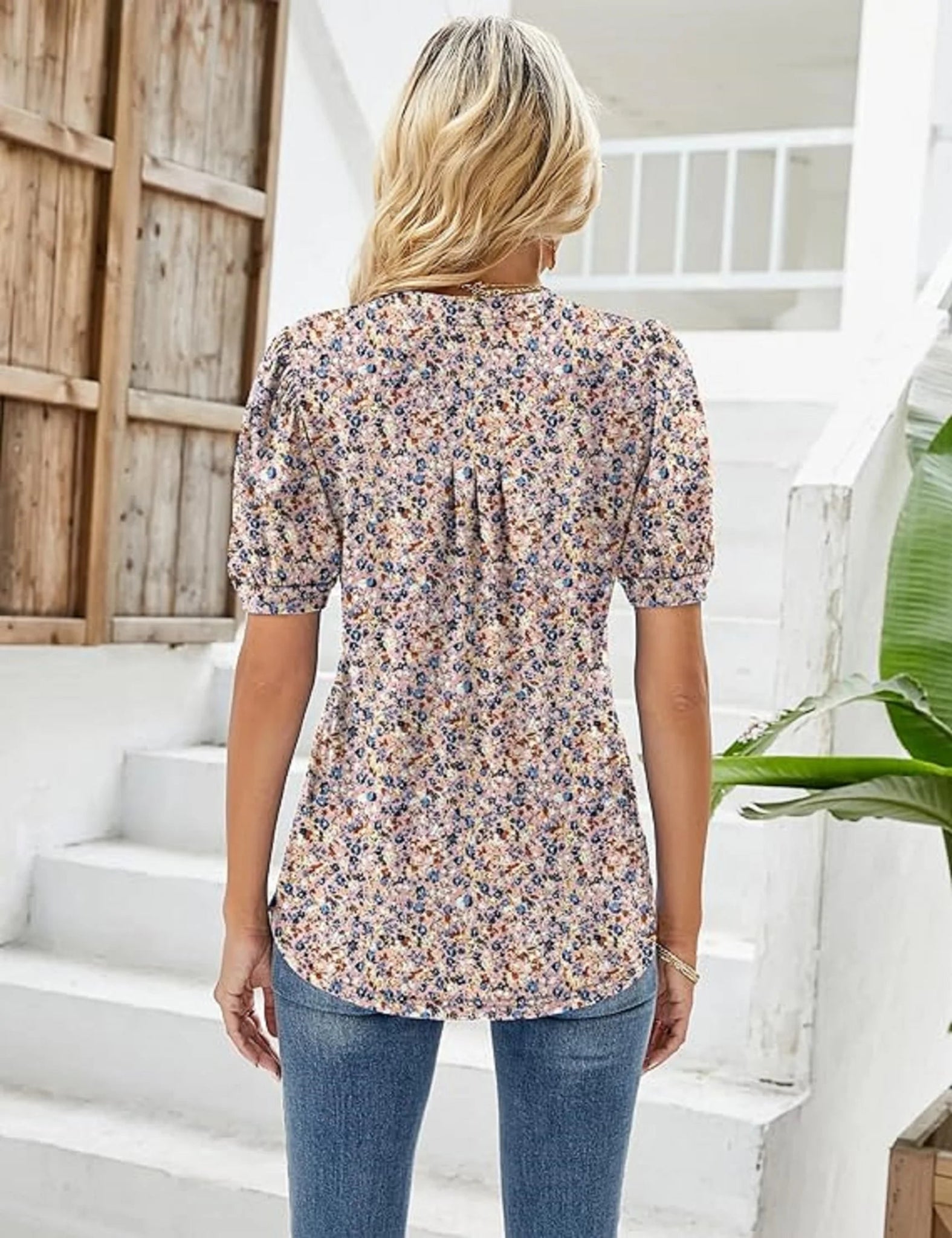 Womens Tunic Tops V Neck Shirts Short Sleeve Summer Puff Pleated Casual Blouses Puff Pleated Work Blouse Fashion Tops - Chic Cart