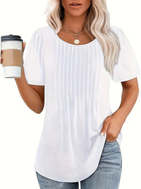 Womens Tunic Tops V Neck Shirts Short Sleeve Summer Puff Pleated Casual Blouses Puff Pleated Work Blouse Fashion Tops - Chic Cart