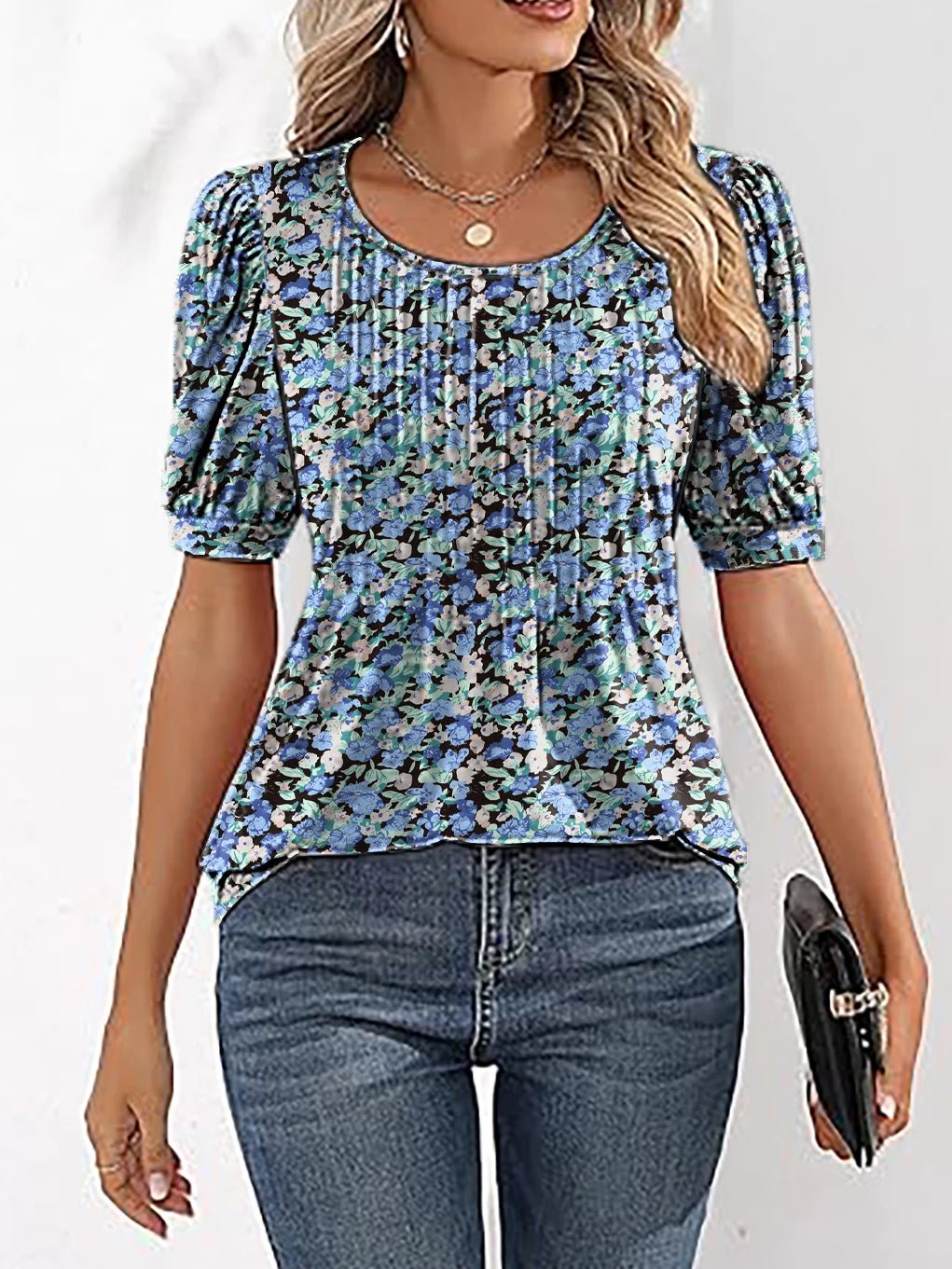 Womens Tunic Tops V Neck Shirts Short Sleeve Summer Puff Pleated Casual Blouses Puff Pleated Work Blouse Fashion Tops - Chic Cart