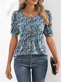 Womens Tunic Tops V Neck Shirts Short Sleeve Summer Puff Pleated Casual Blouses Puff Pleated Work Blouse Fashion Tops - Chic Cart