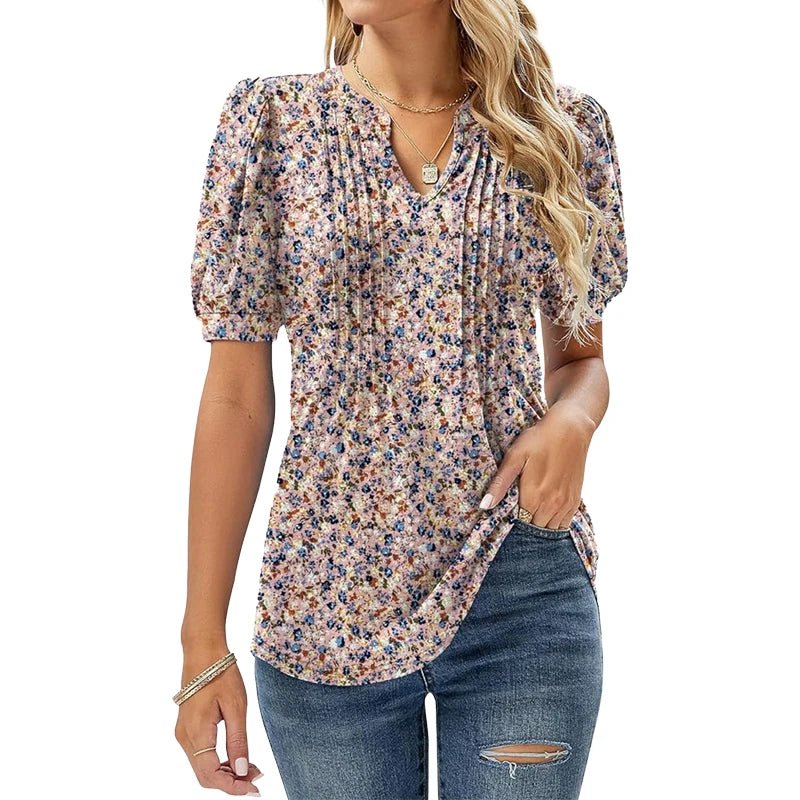Womens Tunic Tops V Neck Shirts Short Sleeve Summer Puff Pleated Casual Blouses Puff Pleated Work Blouse Fashion Tops - Chic Cart