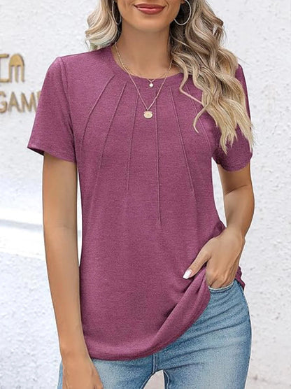 Womens Tunic Tops V Neck Shirts Short Sleeve Summer Puff Pleated Casual Blouses Puff Pleated Work Blouse Fashion Tops - Chic Cart
