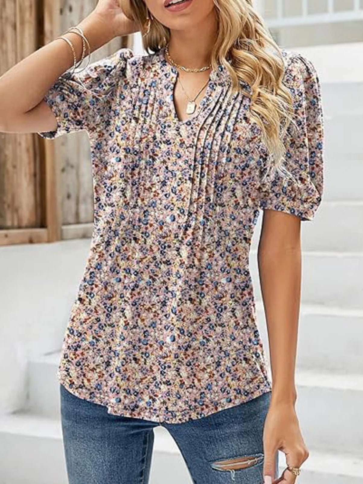 Womens Tunic Tops V Neck Shirts Short Sleeve Summer Puff Pleated Casual Blouses Puff Pleated Work Blouse Fashion Tops - Chic Cart