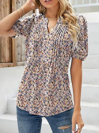 Womens Tunic Tops V Neck Shirts Short Sleeve Summer Puff Pleated Casual Blouses Puff Pleated Work Blouse Fashion Tops - Chic Cart