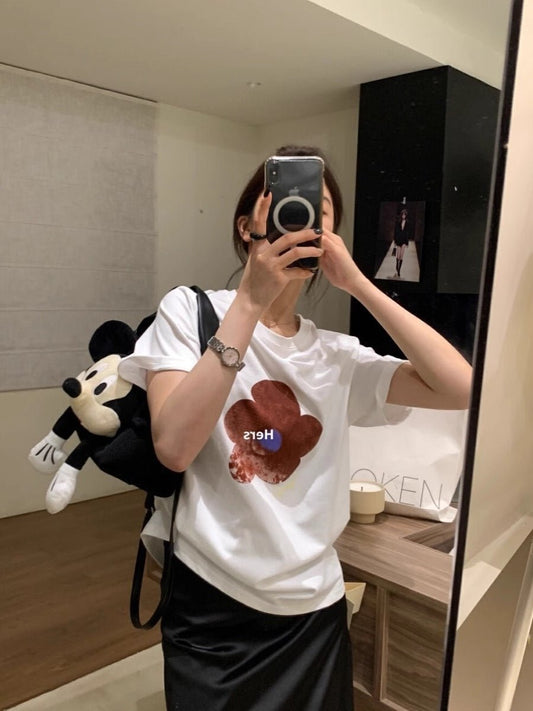Korean Flower Print Gray Short Sleeve Shoulder T-Shirt Women's Summer Slimming Stylish Niche Style T-shirt Chic Tops - Chic Cart
