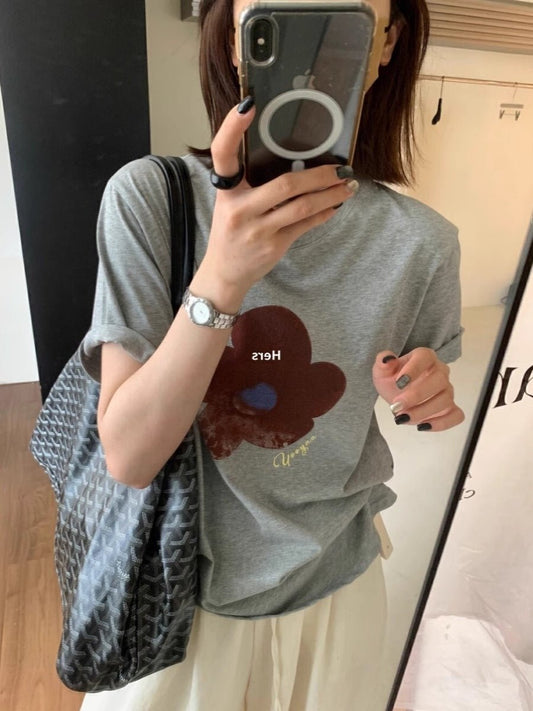 Korean Flower Print Gray Short Sleeve Shoulder T-Shirt Women's Summer Slimming Stylish Niche Style T-shirt Chic Tops - Chic Cart