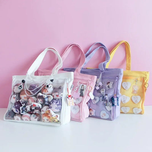 Fashion New Canvas Ita Bag Large Capacity Cartoon Tote Bags for Women Transparent Shoulder Bags Teenage Girls Japanese - Chic Cart