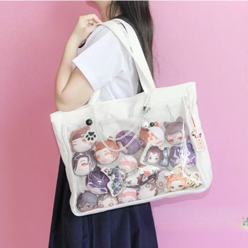 Fashion New Canvas Ita Bag Large Capacity Cartoon Tote Bags for Women Transparent Shoulder Bags Teenage Girls Japanese - Chic Cart