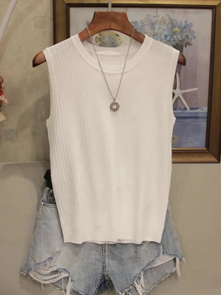 AOSSVIAO Korea Knitted Vests Women Top Summer Sleeveless Blouse Women O - neck Knitted Blouse Shirt Women Clothes Women Tops - Chic Cart