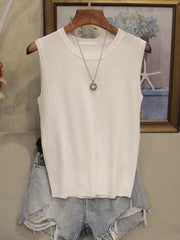 AOSSVIAO Korea Knitted Vests Women Top Summer Sleeveless Blouse Women O - neck Knitted Blouse Shirt Women Clothes Women Tops - Chic Cart