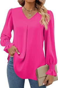 Women's New Solid Color Chiffon Shirt V - neck Pullover Flared Long Sleeved Top Shirt Office Lady Elegant Khaki Loose Blouses - Chic Cart