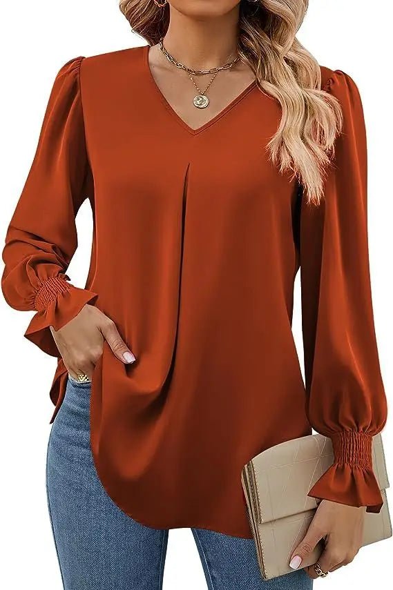 Women's New Solid Color Chiffon Shirt V - neck Pullover Flared Long Sleeved Top Shirt Office Lady Elegant Khaki Loose Blouses - Chic Cart