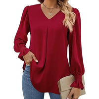 Women's New Solid Color Chiffon Shirt V - neck Pullover Flared Long Sleeved Top Shirt Office Lady Elegant Khaki Loose Blouses - Chic Cart