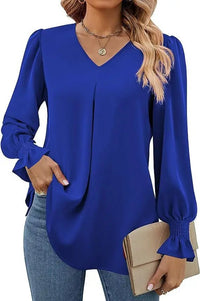Women's New Solid Color Chiffon Shirt V - neck Pullover Flared Long Sleeved Top Shirt Office Lady Elegant Khaki Loose Blouses - Chic Cart