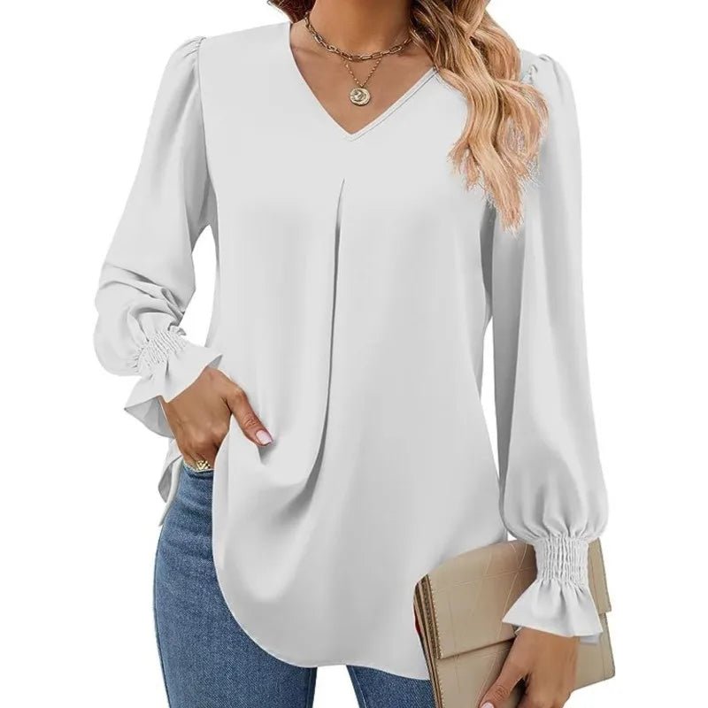 Women's New Solid Color Chiffon Shirt V - neck Pullover Flared Long Sleeved Top Shirt Office Lady Elegant Khaki Loose Blouses - Chic Cart