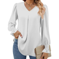 Women's New Solid Color Chiffon Shirt V - neck Pullover Flared Long Sleeved Top Shirt Office Lady Elegant Khaki Loose Blouses - Chic Cart