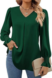 Women's New Solid Color Chiffon Shirt V - neck Pullover Flared Long Sleeved Top Shirt Office Lady Elegant Khaki Loose Blouses - Chic Cart