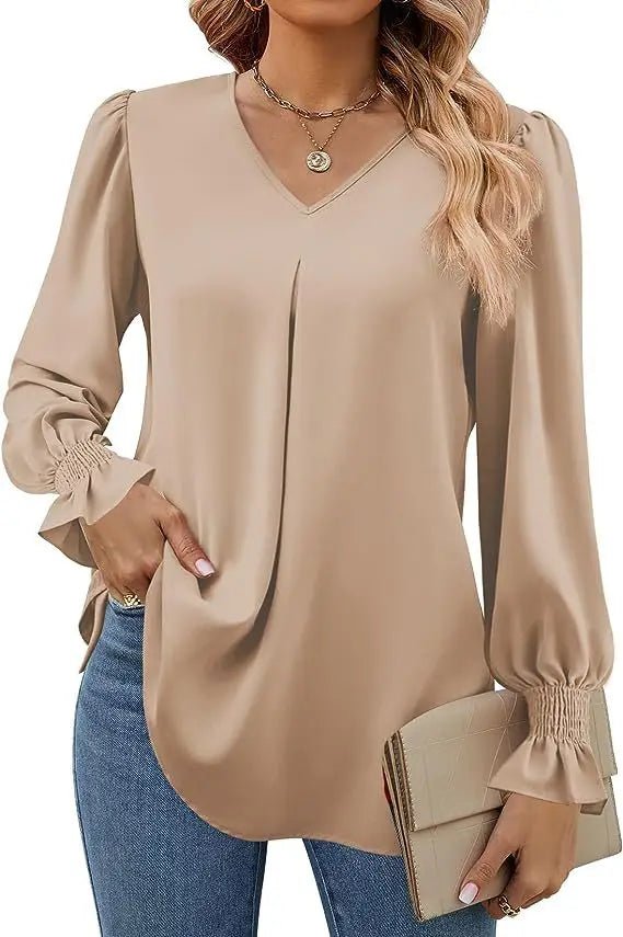 Women's New Solid Color Chiffon Shirt V - neck Pullover Flared Long Sleeved Top Shirt Office Lady Elegant Khaki Loose Blouses - Chic Cart