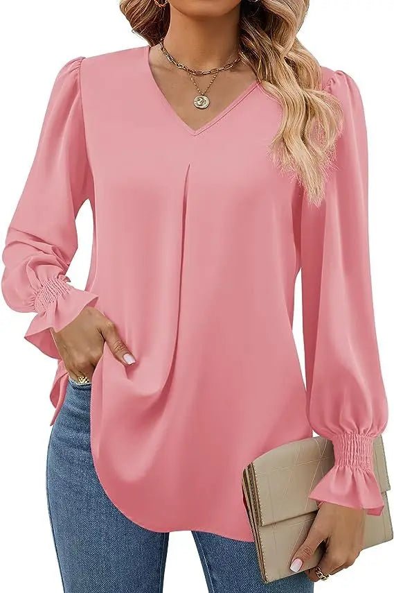 Women's New Solid Color Chiffon Shirt V - neck Pullover Flared Long Sleeved Top Shirt Office Lady Elegant Khaki Loose Blouses - Chic Cart