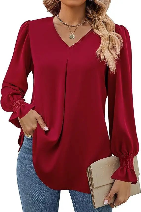 Women's New Solid Color Chiffon Shirt V - neck Pullover Flared Long Sleeved Top Shirt Office Lady Elegant Khaki Loose Blouses - Chic Cart