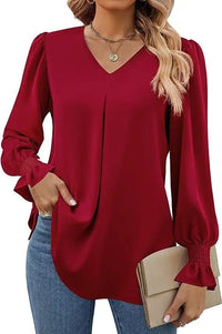 Women's New Solid Color Chiffon Shirt V - neck Pullover Flared Long Sleeved Top Shirt Office Lady Elegant Khaki Loose Blouses - Chic Cart