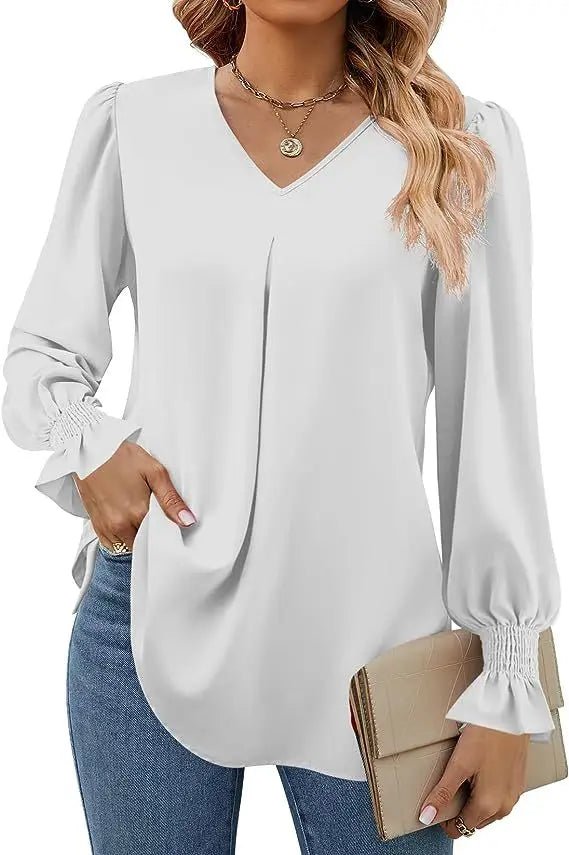 Women's New Solid Color Chiffon Shirt V - neck Pullover Flared Long Sleeved Top Shirt Office Lady Elegant Khaki Loose Blouses - Chic Cart