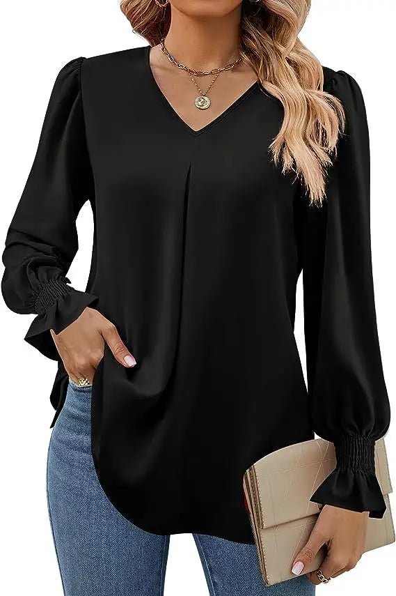 Women's New Solid Color Chiffon Shirt V - neck Pullover Flared Long Sleeved Top Shirt Office Lady Elegant Khaki Loose Blouses - Chic Cart