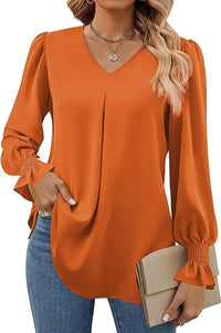 Women's New Solid Color Chiffon Shirt V - neck Pullover Flared Long Sleeved Top Shirt Office Lady Elegant Khaki Loose Blouses - Chic Cart