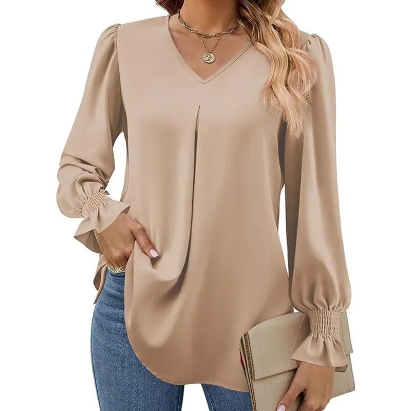 Women's New Solid Color Chiffon Shirt V - neck Pullover Flared Long Sleeved Top Shirt Office Lady Elegant Khaki Loose Blouses - Chic Cart